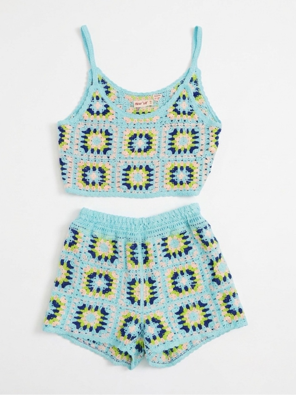 Crochet Knit Tank & Short Set in Light Blue Multi